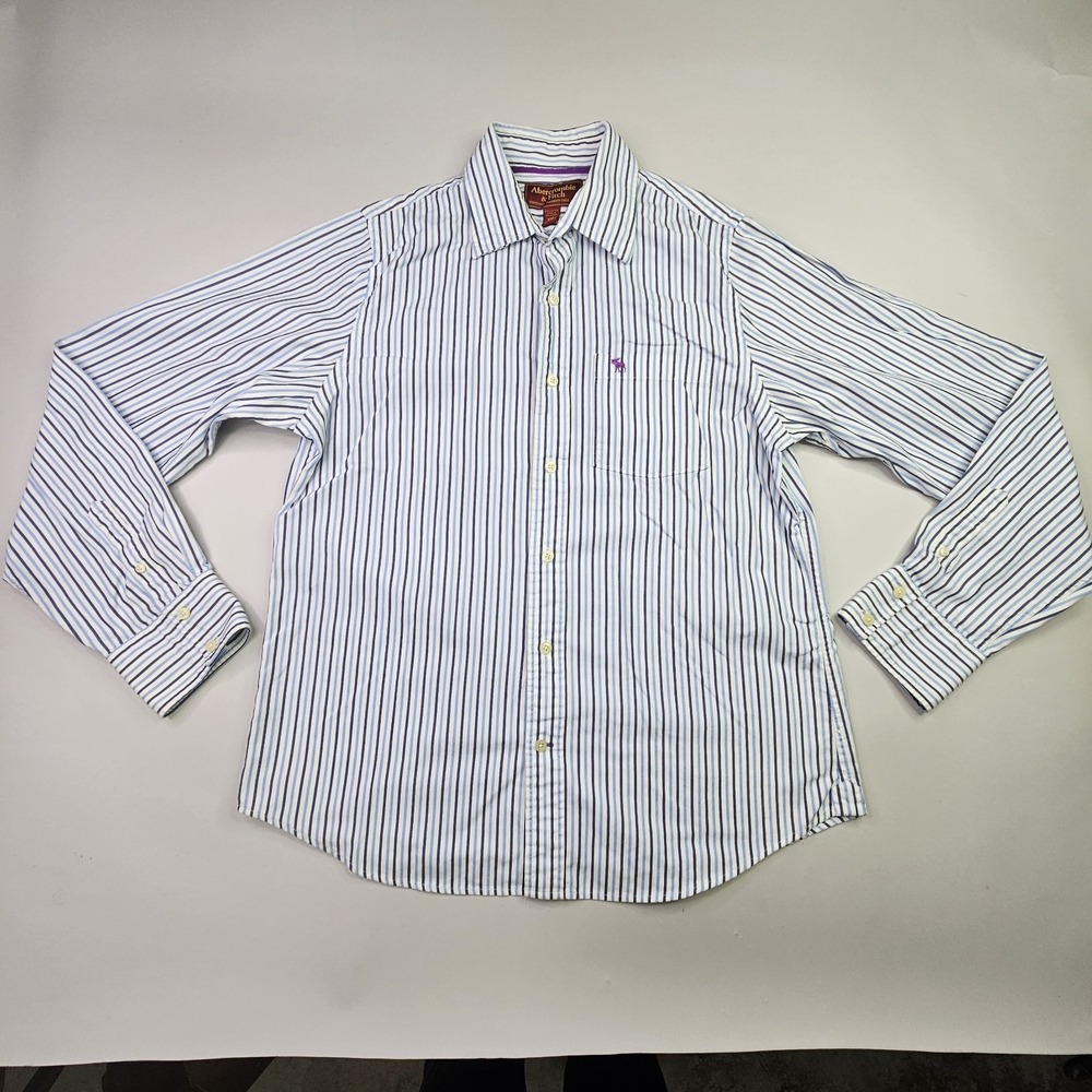 Abercrombie & Fitch Men's XXL Button Down‎ Shirt Blue White Striped Logo Cotton